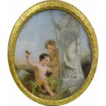 19TH CENTURY SCHOOL 'Putti Carving a Statue', oil on board, oval, 66cm x 56cm, framed.