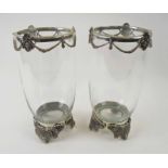STORM LIGHTS, a pair, glass with decorative silver plated mounts, each 13.5cm diam x 28cm H.