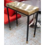 CONSOLE TABLE, brass top on black painted base, 79cm W X 90cm H.