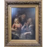 CIRCLE OF JAN HOREMANS 'Wine drinkers', oil on board, 42cm x 30cm, in gilt carved frame.