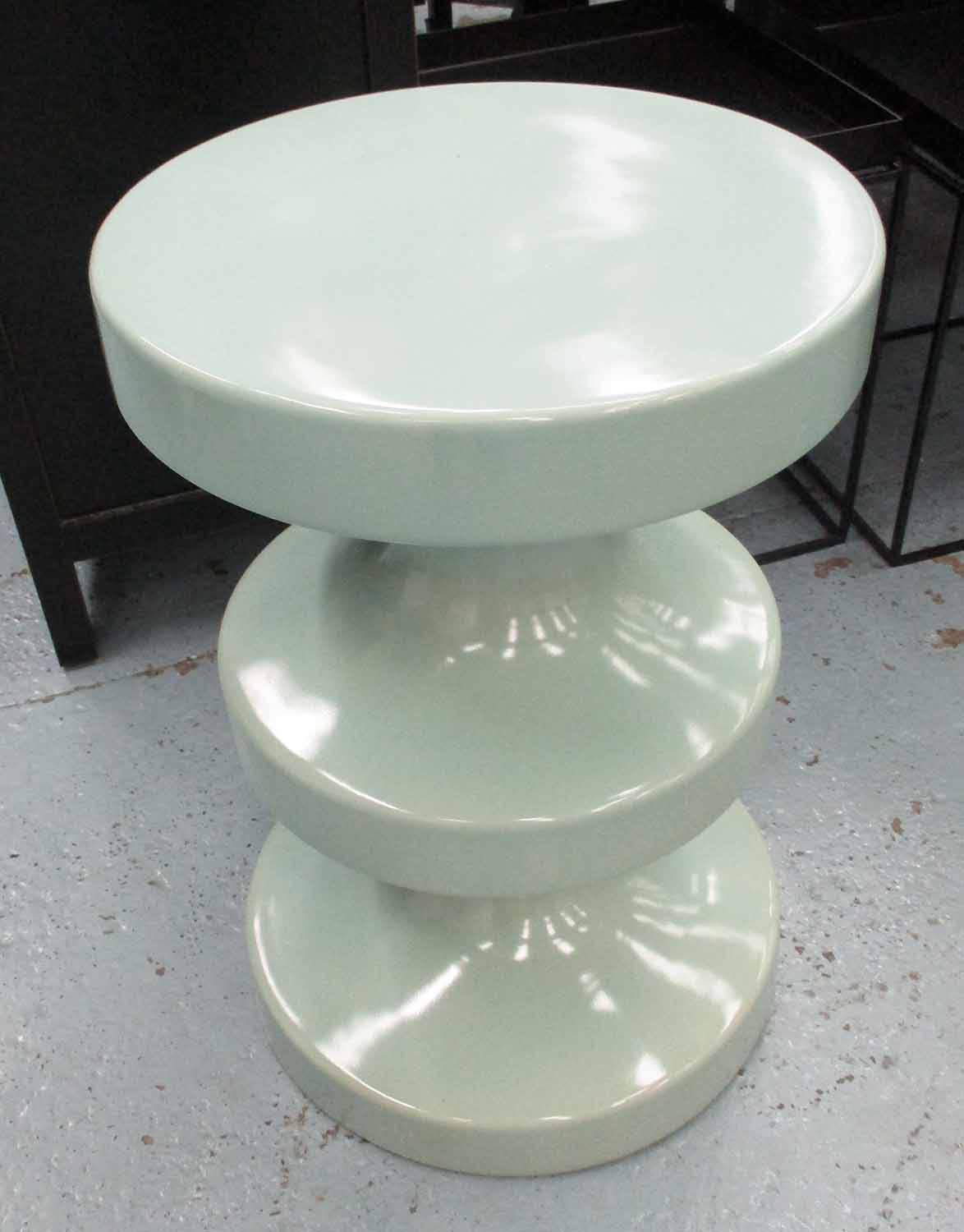 INDIA MAHDAVI STOOL, Bishop celadon design, in celadon glass, 53.5cm diam.