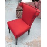 ANDREW MARTIN DINING CHAIRS, a set of six, in red fabric, studded edges, on square supports, 51cm W.