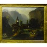 20TH CENTURY AUSTRIAN SCHOOL 'Alpine View with Cattle Grazing by a Riverside Clock Tower',