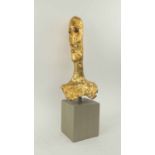 HEAD SCULPTURE IN THE MANNER OF GIACOMETTI, gilt pottery, 40cm H on display stand.