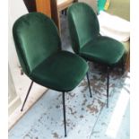 DINING CHAIRS, a set of ten, green velvet upholstered on black metal frames.