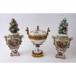 CERAMIC POT POURRI, a pair, 19th century German, with floral encrusted lids, triform supports, 34.