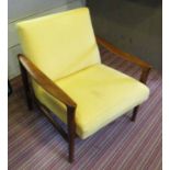 HANS WEGNER INSPIRED OPEN ARMCHAIRS, a pair, vintage 1960s, in yellow fabric, 67cm W.