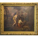 FOLLOWER OF NICOLAS POUSSIN 'Feasting scene', oil on canvas, 75cm x 85cm, in carved gilt frame.