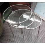OCCASIONAL TABLE, polished metal and glass, connected as three movable circular tables,