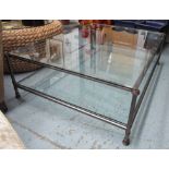 LOW TABLE, metal framed, two tier, each with a rectangular glass insert, 144cm W x 42cm H x 104cm D.