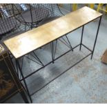CONSOLE TABLE, with bronzed top on square metal supports, 99cm x 25cm x 70cm H.