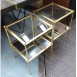 SIDE TABLES, a pair, with glass tops and undershelf on a gilded metal base, 38cm x 38cm x 56cm H.