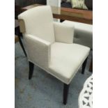 ARMCHAIR, upholstered, of compact proportions, 59cm W x 93cm H x 56cm D.