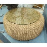 RALPH LAUREN HOME DRIFTWOOD LOW TABLE, by Neiman Marcus, circular with glass top and raffia weave,