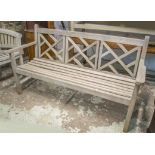 GARDEN LATTICE BENCH, weathered teak with lattice panelled back and square supports, 150cm W.