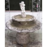 FOUNTAIN, weathered reconstituted stone in four sections with cherub/cornucopia fountain,