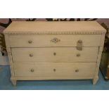 GUSTAVIAN COMMODE, 19th century, traditionally grey painted with three long drawers,