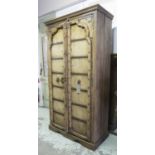 HALL CUPBOARD, vintage, Indian carved hardwood, with two heavy doors enclosing double hanging space,