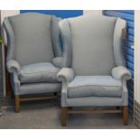 WING ARMCHAIRS, a pair, Georgian style in blue herringbone fabric, with seat cushions, 88cm W.