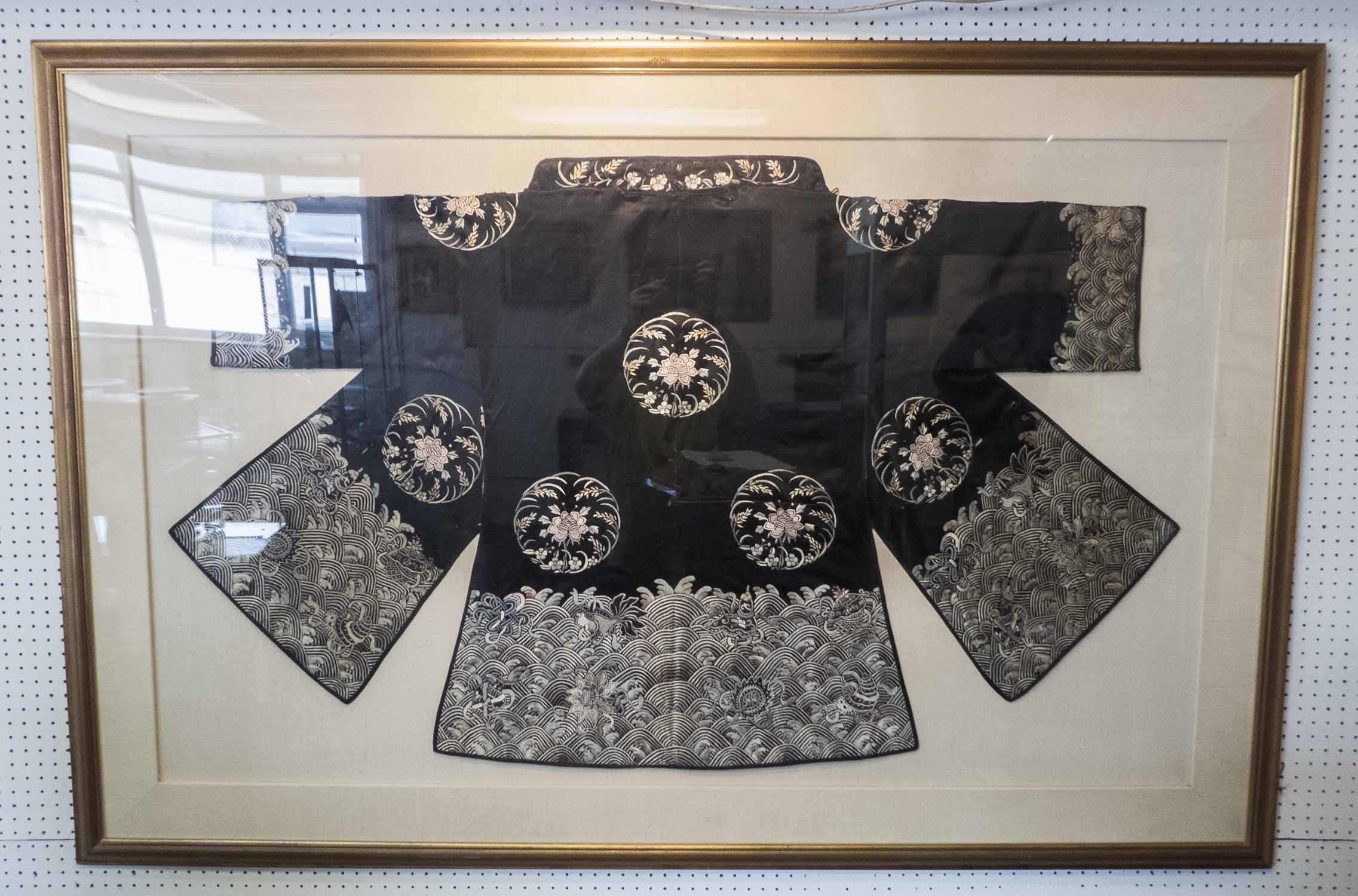 SILK KIMONO, framed and mounted, 108cm H x 162cm W overall. - Image 2 of 2