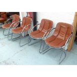 DINING CHAIRS, a set of four, mid 20th century, polished metal with cushions, each 56cm W.