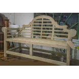 LUTYENS STYLE GARDEN BENCH, weathered teak of slatted construction, after a design by Edwin Lutyens,