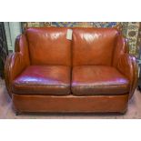 CLOUD SOFA, Art Deco, walnut in old red leather with twin seat cushions, 140cm W.