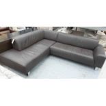 CORNER SOFA, in dark brown leather, on chromed metal supports, 214cm x 246cm.