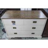 CHEST, cream painted, with four drawers, natural wood top and brass recessed military handles,