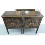 SIDE CABINETS, a pair, Chinoiserie style, in black with stylised gilt figural decoration,