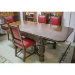 DRAW-LEAF DINING TABLE, Elizabethan style oak with carved lion mask,