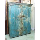 CUPBOARD, Indian distressed blue painted hardwood with six doors, 138cm W x 47cm D x 175cm H.