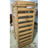 APPLE TRAYS, stock of ten sliding slatted pine trays on stand, 60cm x 60cm x 153cm.