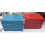 SIDE CABINETS, a pair, one red, the other blue, each with two drawers on circular supports,