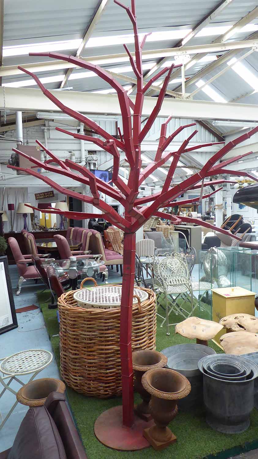 CONTEMPORARY TREE SCULPTURE, full size welded steel on red finish.