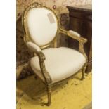 FAUTEUILS, a pair, Louis XVI style, in calico on gilded carved frames, 69cm W.