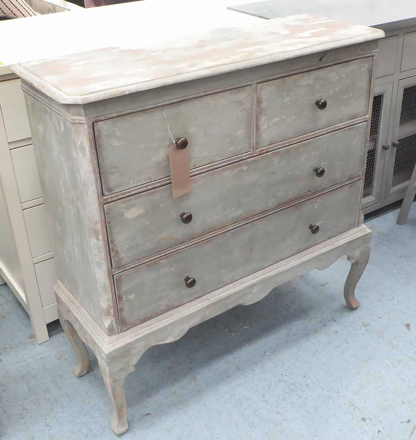 OKA CHEST, distressed two drawers over two long drawers, 35cm x 102cm x 103cm H.