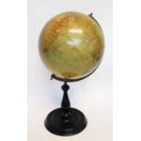 TABLE TOP TERRESTRIAL GLOBE, turned wooden supports, 53cm H overall.