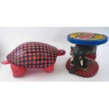 TWO AFRICAN CHILDREN'S STOOLS, Turtle and Elephant, carved and painted wood,