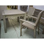 GARDEN TABLE AND CHAIRS SET, weathered teak square slatted substantial supports,