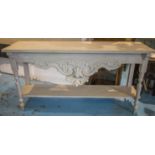 CONSERVATORY CONSOLE, vintage grey painted with carved frieze and undertier, 140cm x 42cm x 76cm H.