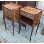 TABLES DE NUITS, an ensuite pair Louis XV style tulipwood and marquetry, one with three drawers,