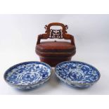 PAIR OF CHINESE DISHES, with dragon blue/white decoration, character marks to base, 27.