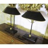 TABLE LAMPS, a pair, toleware style ebonised with a gold band, 41cm H.