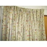 CURTAINS, four pairs, in linen with leaf design, lined and interlined,