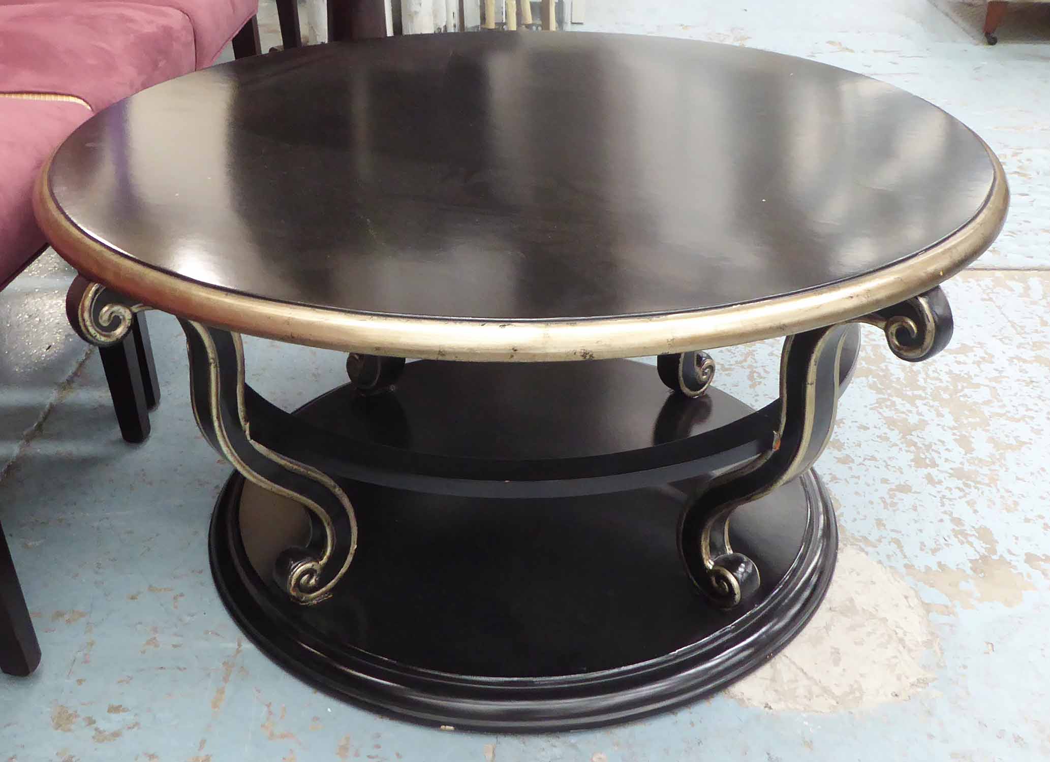 HOLLYWOOD REGENCY STYLE LOW TABLE, ebonised with gilt accents, approx 110cm x 55cm approx.