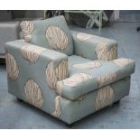 ARMCHAIR, with seat and back cushion, in pale blue and cream foliate patterned fabric,