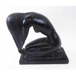 ART DECO STYLE POTTERY SCULPTURE of a kneeling nude woman, indistinctly signed, plinth base,