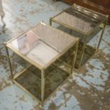 LAMP TABLES, a pair, framed with rectangular mirrored tops and two tinted glass undertiers,