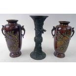 PAIR OF JAPANESE BRONZE VASES, each with raised flowering tree design, 22.